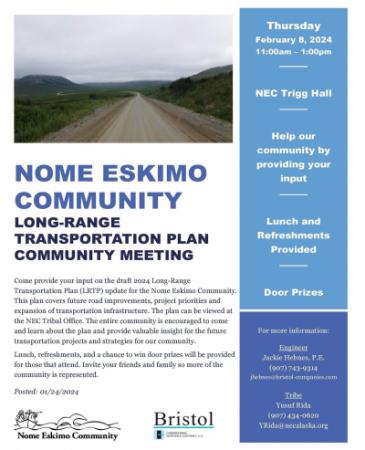 February 8, 2024 Nome Eskimo: Long-Range Transportation Plan - Community Meeting at NEC Trigg Hall
