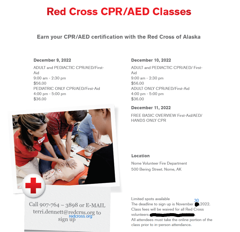 RED CROSS CPR AED CLASSES FIREHALL 500 BERING ST Nome Alaska